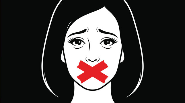 Sad woman face with red duct tape vector illustration showing censored speech and social oppression
