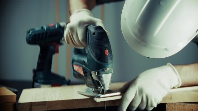 Carpenter Cutting Wood Board With Electric Jigsaw. Carpenter Workshop. Woodworking Builder 