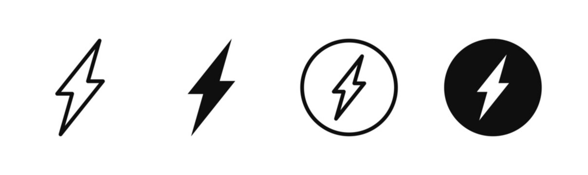 Lightning bolt icon set in outline, filled and circle styles. Electric flash symbols for energy, power, charging, electricity, web interface and mobile app. Editable stroke vector illustration