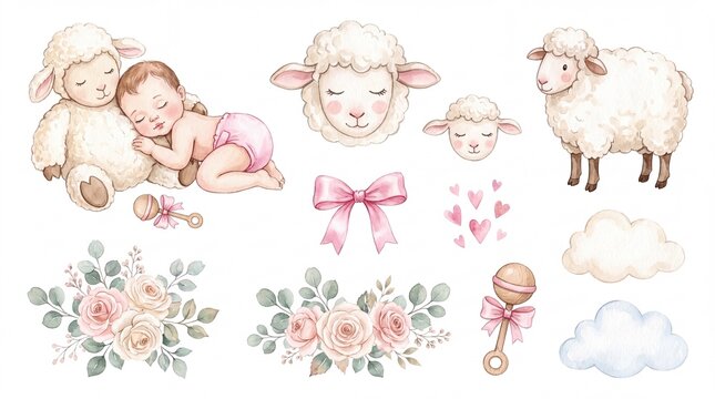 Watercolor Nursery Clipart Set with Sleeping Baby Girl, Cute Lambs, Floral Roses, and Baby Accessories