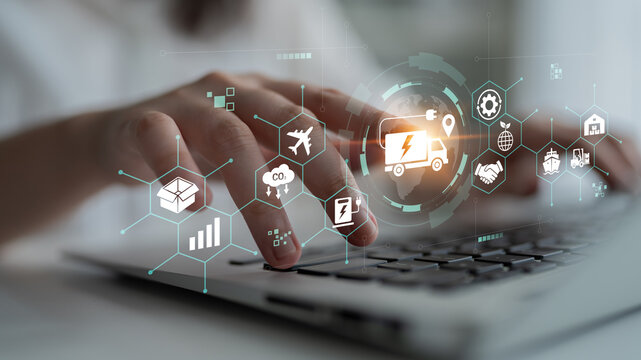 Futuristic Keyboard Interaction with Digital Icons Representing Logistics, Transport, and Technology for Business Solutions Haptic.