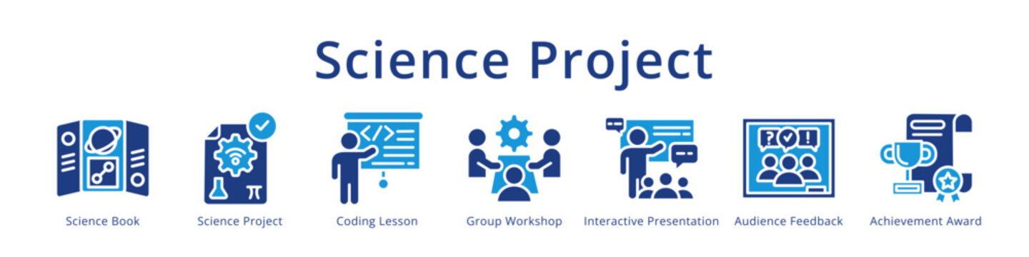 Science project icons showing research, coding lesson, workshop and presentation for STEM education marketing.