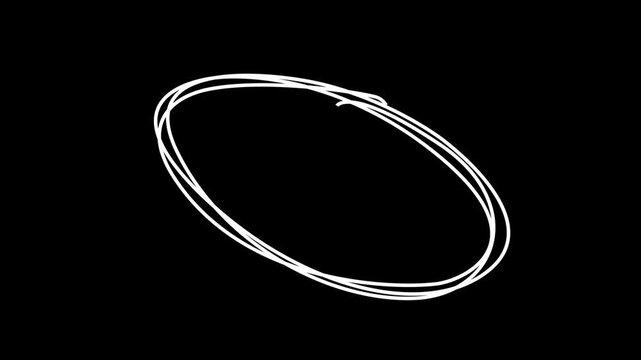 Hand-drawn scribble circle animation on black background, white chalk style loop doodle, 4k motion video animated.