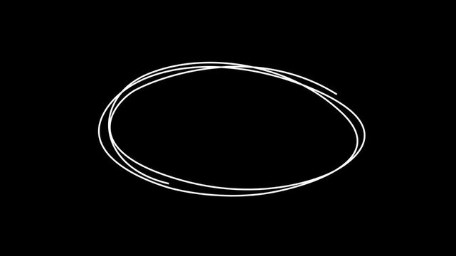 Hand-drawn scribble circle animation loop, minimalist white marker overlay on black background doodle, 4k motion video animated.