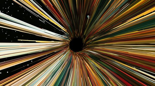 Black hole surrounded by colorful light streaks representing energy and matter in space