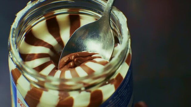 Spoon Scooping Chocolate Hazelnut Cream From Glass Jar. Two Tone Striped Milk Vanilla Cocoa 