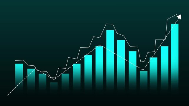 Glowing blue bar chart with a white trend line and rising arrow on a dark background, showing business growth, finance data, market recovery and analytics in a modern style.