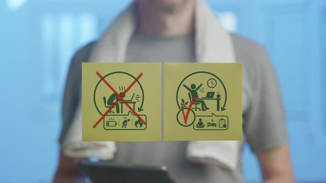 Personal trainer comparing two illustrated sticky notes on a glass board, rejecting sedentary habits with a cross and approving an active healthy lifestyle with a check mark, promoting a balanced and 