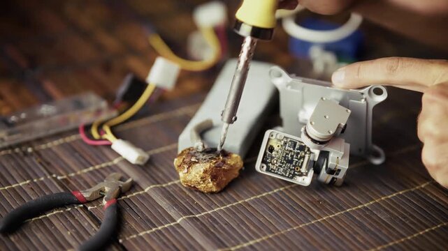 Soldering Gimbal Circuit Board. Modern Electronics Repair. Equipment Hardware Fix. Precision Microchip Assembly 