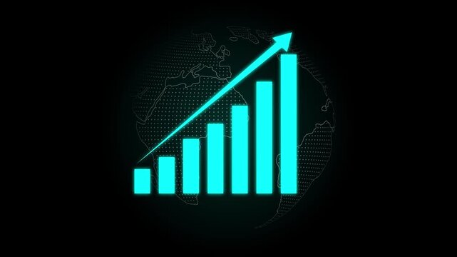 Glowing blue bar chart with rising arrow over a world globe on black background, showing global business growth, financial success, data analytics, progress, and market expansion.