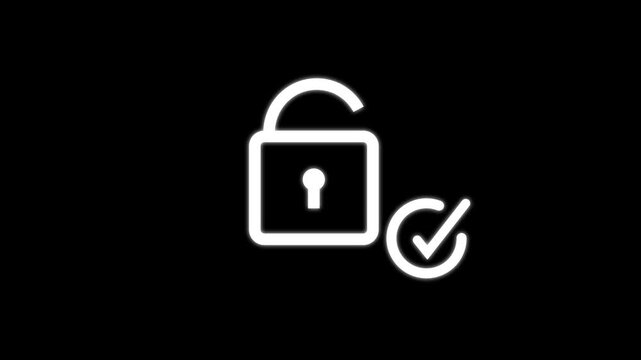 White glowing icon of an open padlock with a check mark on a black background, showing approved access, unlocked security, verification, safety, and digital permission.
