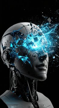 Robot with shattered head and glowing blue energy emanating  