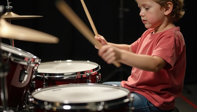 Child playing drums with sticks in music studio, kid focused on rhythm and drumming technique while enjoying music. Young drumming enthusiast showcases talent in vibrant music workshop environment.