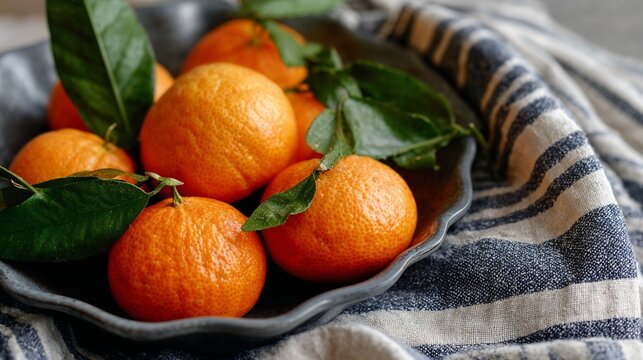 Fresh ripe mandarins with green leaves in ceramic bowl on linen cloth