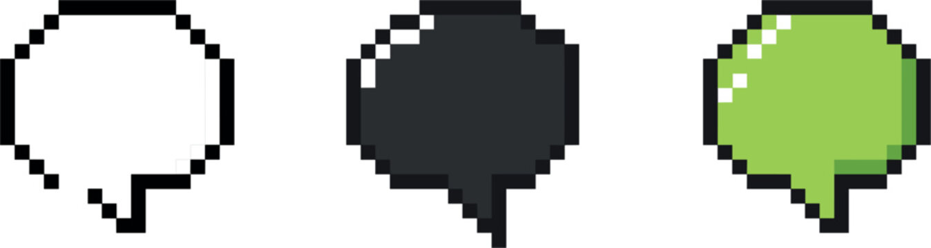 Retro pixel art chat speech bubble icon set, 8bit interface message elements vector