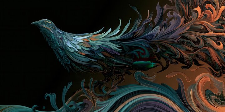 Colors blend in a bird with swirling feathers flying through an abstract background