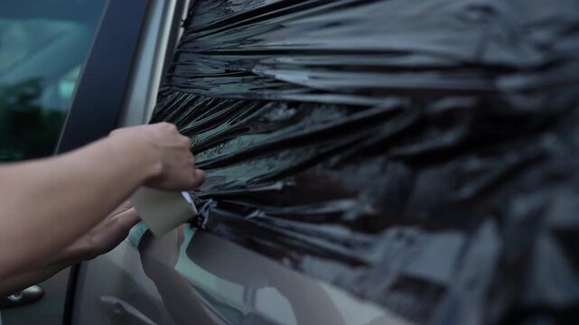 Close-up of hands applying masking tape to secure black plastic film on car body. Preparing vehicle for painting, detailing, repair. DIY auto body work in progress. Protection of windows.