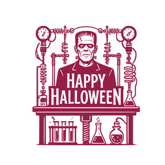 Happy Halloween!!! Vintage dark red Happy Halloween typography badge featuring creepy Frankenstein monster in a mad scientist laboratory vector graphic design element for autumn