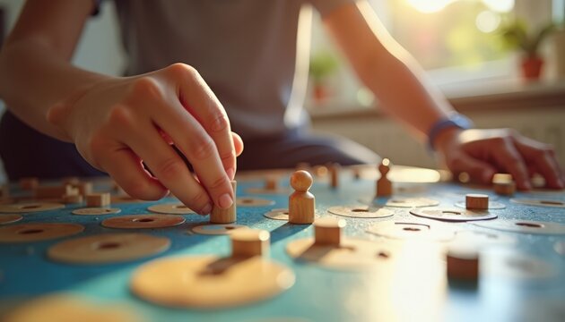 Engaging board game session with hands placing wooden pieces on colorful game board. Board game includes strategy components, focus on player interaction and strategy planning.
