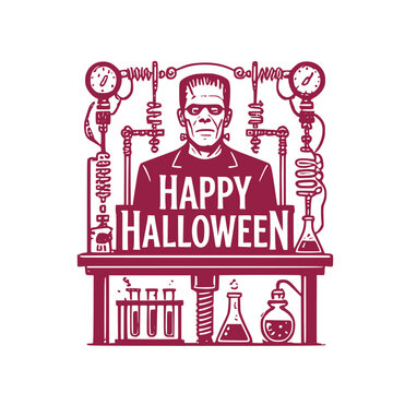 Happy Halloween!!! Vintage dark red Happy Halloween typography badge featuring creepy Frankenstein monster in a mad scientist laboratory vector graphic design element for autumn