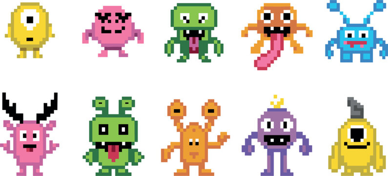 Cute pixel art alien monster character set, colorful 8bit game enemy creatures vector