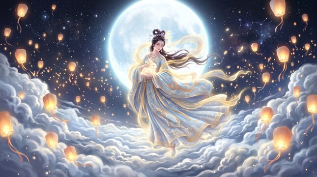 Beautiful Chinese goddess Chang'e flying to the moon amidst glowing lanterns and ethereal clouds, celebrating the Mid-Autumn Festival.