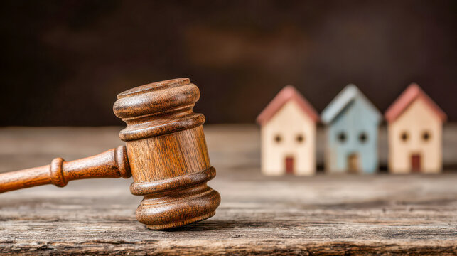 Wooden gavel placed on a table with small model houses in the background