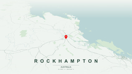 Modern minimalist vector map of Rockhampton, Queensland. High-quality scalable illustration of Rockhampton geographic boundaries along Fitzroy River (Tungamull) contours for posters design. © AliRza