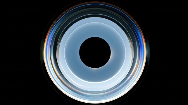 Circular design with a dark background shows layers of light and color created by a lens effect