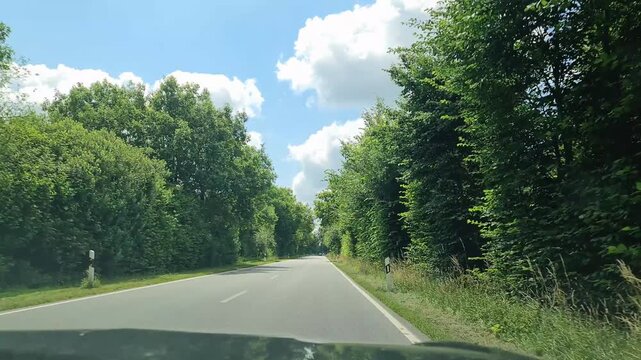 Car point of view driving on a scenic German country road