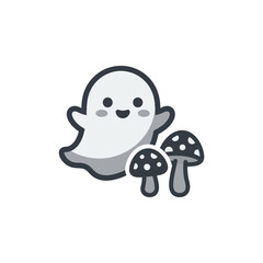Fototapeta premium Small cute ghost character with woodland mushrooms.