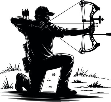 Kneeling archer aiming with compound bow, sketch vector bowhunter hunting sport landscape