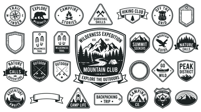 Vintage outdoor adventure badges set, wilderness expedition and mountain club emblems, black and white camping and hiking vector icons