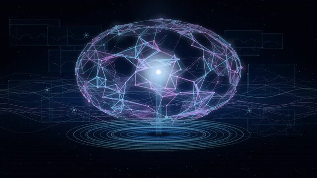 3D artificial intelligence brain concept with rotating mesh sphere, active neural pathways, data HUD analytics, and dynamic wireframe geometry