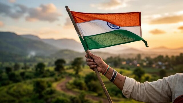 Indian national flag held by a hand wearing colorful bangles, celebrating India independence day on August 15, fluttering in the wind over scenic green hills during twilight.