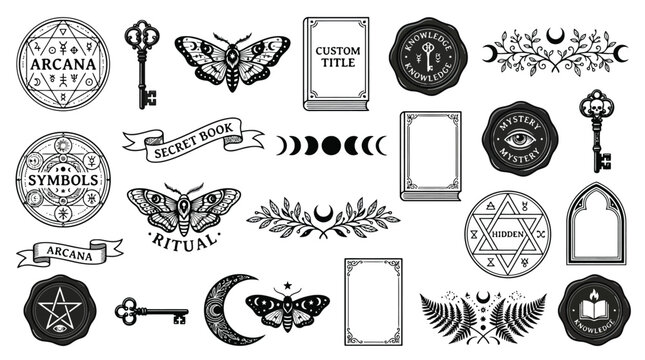 Mystical occult symbols and alchemy icons set, vintage esoteric arcana illustrations, black and white celestial ritual elements for magic branding