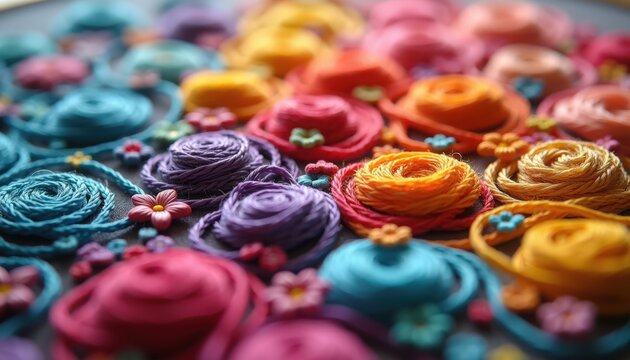 Colorful fabric roses crafted with yarn on textile background, showcasing intricate details and vibrant shades. Handmade flowers include bright pink, purple, orange, and turquoise,