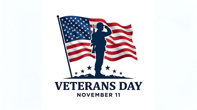 Patriotic veterans day illustration featuring a saluting soldier silhouette standing before a waving american flag background