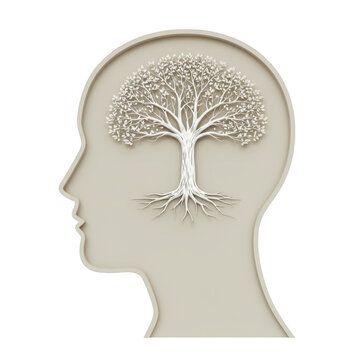 White tree of life inside human head profile isolated on transparent background