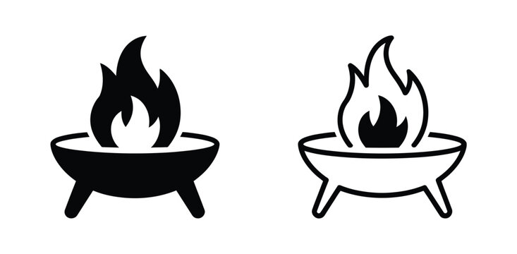 Fire pit icon set, solid and outline style symbols for camping, outdoor heating, backyard fireplaces, barbecue areas and recreation design.