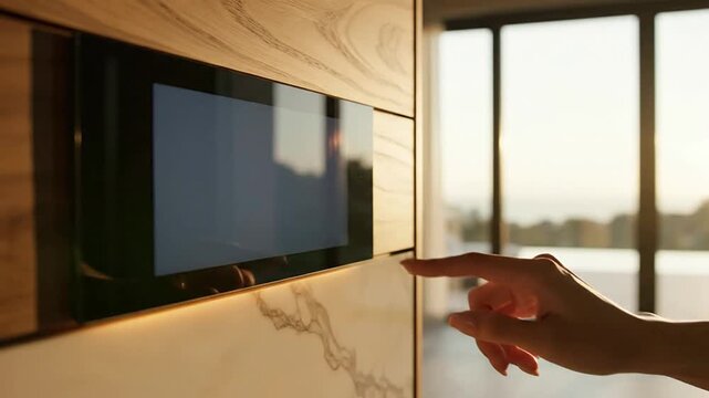Close Up Of Modern Touchscreen Control Panel On Stylish Wooden Wall In Contemporary Living Space With Outdoor View Through Glass Doors