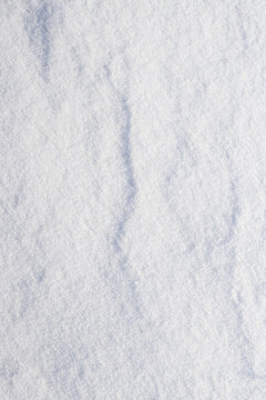 White fresh snow texture with subtle blue shadows and natural relief close up
