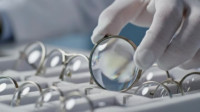 Close-Up Selection of Optical Lenses by an Optician's Gloved Hand in a Precision Environment