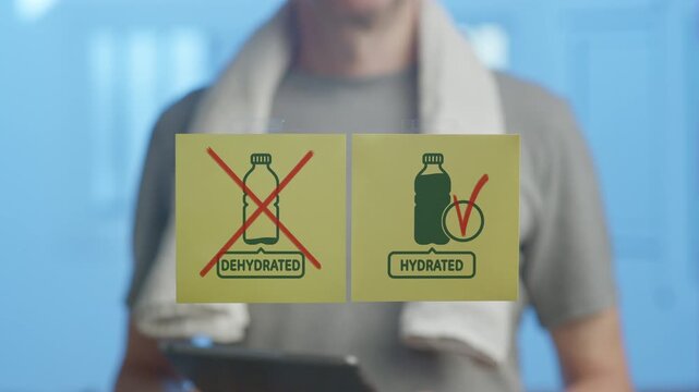 Personal trainer in a gym explaining the importance of hydration, using sticky notes with dehydrated and hydrated icons on a transparent surface, highlighting a healthy and active lifestyle