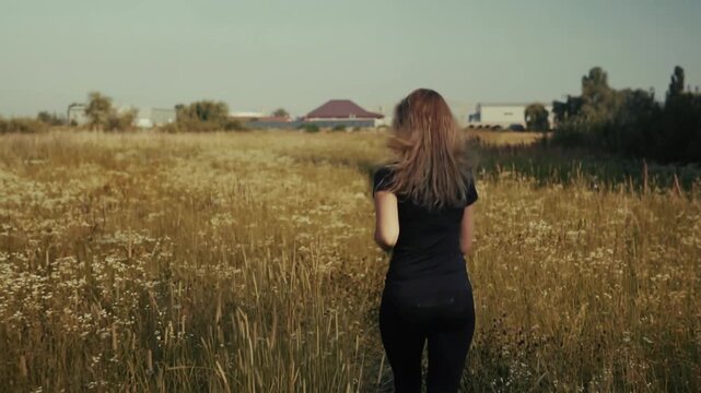 Runner Jogging Through Meadow Countryside Trail. Outdoor Fitness Workout. Active Lifestyle