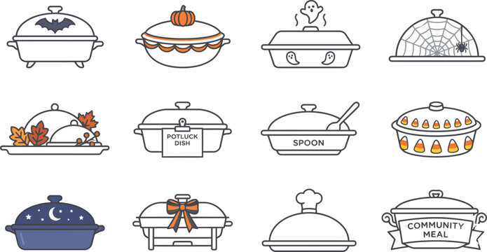 Set of Halloween and autumn potluck food server icons