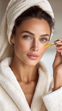 Woman applying natural seruma with a dropper to her cheek, creating a beauty routine for healthy skin, showing skincare, freshness, and cosmetic treatment concepts
