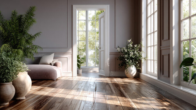 Spacious home interior presenting bright sunlight streaming through large windows and an open door. Highlighting warm wooden flooring. A luxurious pink sofa. And thriving green plants