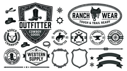Fototapeta premium Vintage Western Cowboy Badges and Ranch Wear Logos. Rustic Outfitter Branding Elements Vector Set. Handcrafted Quality Goods Labels.