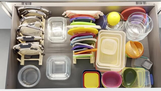 Top View of colorful kitchen drawer filled with various food storage containers